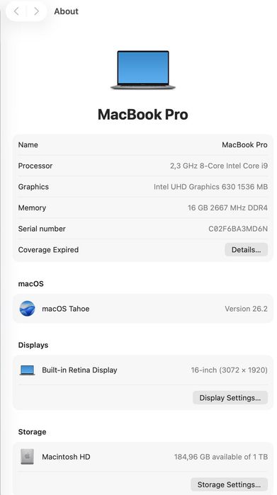Macbook Pro 16'' i9 - 8 core an 2021, 1 TB SSD, 16 GB DDR4
