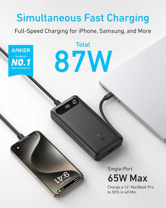 Външна батерия Anker 20000mAh (87W) за Лаптоп - Вграден USB-C кабел