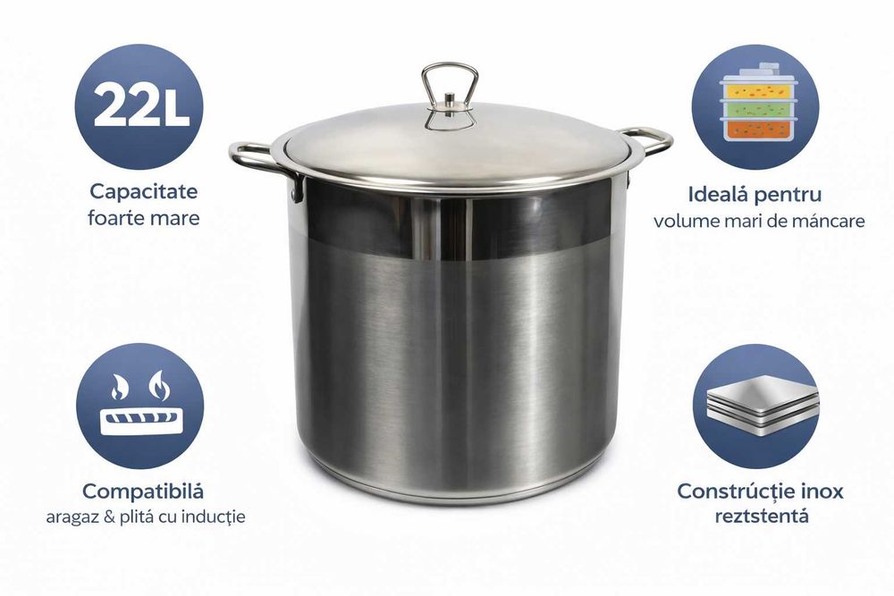 Oala inox 22 litri capac mare pentru gatit supe ciorbe tocana