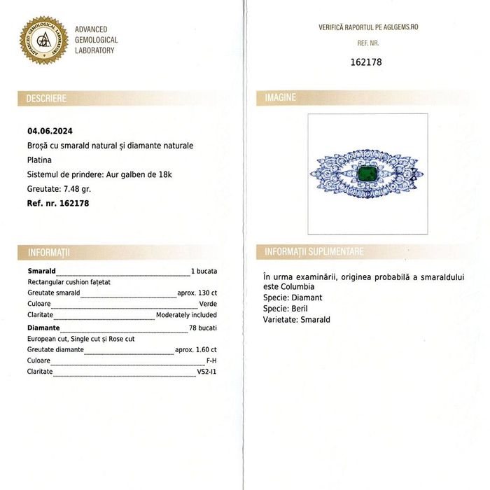 brosa Art Deco autentica, smarald Columbia, diamante, platina