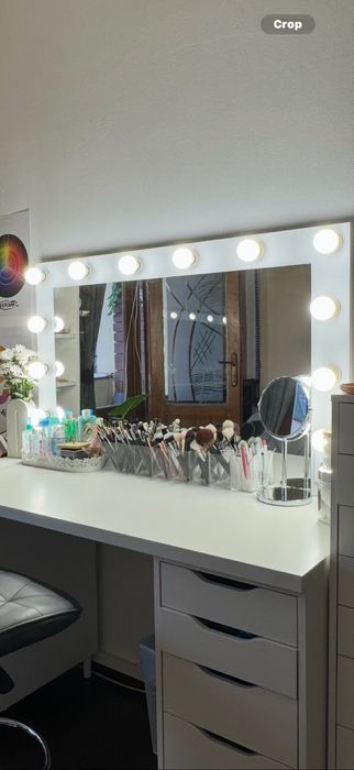 Oglinda hollywood 120x75 makeup și scaun bar machiaj roz