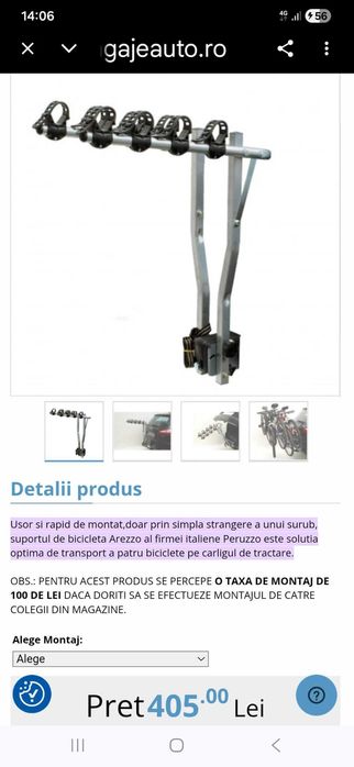 Suport Peruzzo 4 biciclete cu  prindere pe  carlig