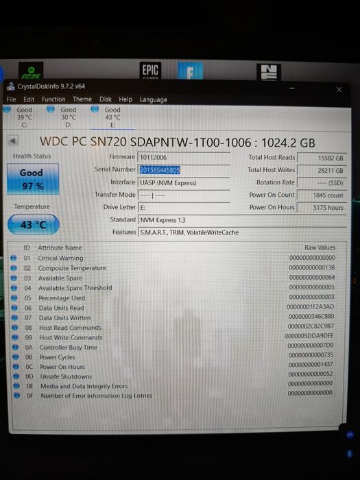 SSD M2 1tb WD SN720 cu  97% life, 215zile