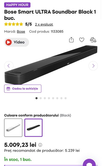 Soundbar Bose Smart Ultra, Dolby Atmos, Wi-Fi, sigilate, transport inclus