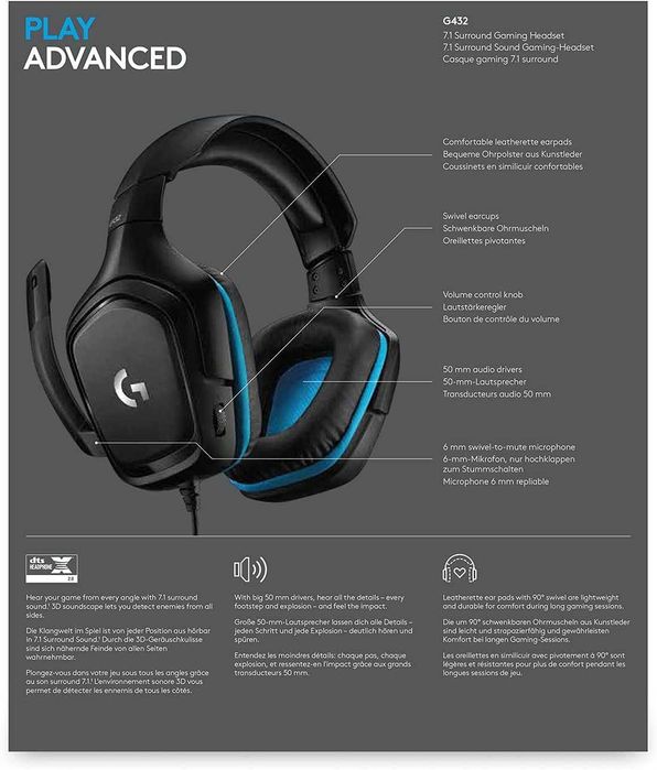 Гейминг слушалки Logitech - G432 с кабел, Черни, 7.1 съраунд звук, DTS