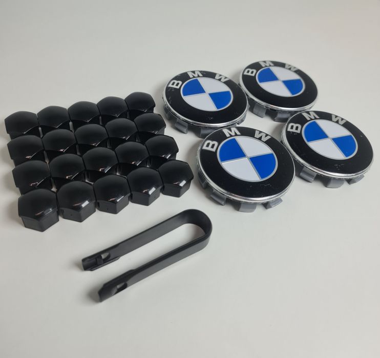 Pachet-Set-Capace-Prezoane-Negre-Lucios+Capace-Jante-Bmw-56mm-68mm-Alb-Albastru-Clasice-E46-E90-E60-F10-F36-F01-06-F30-E70-E71-F15-F16-G20-G30-G05-G06