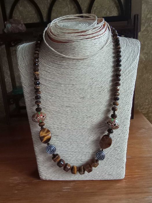 colier pietre naturale,ochi de tigru si perle cloisonnee