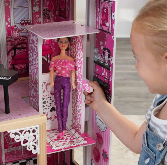 Дървена къща за кукли лед лента асансьор три нива стълби