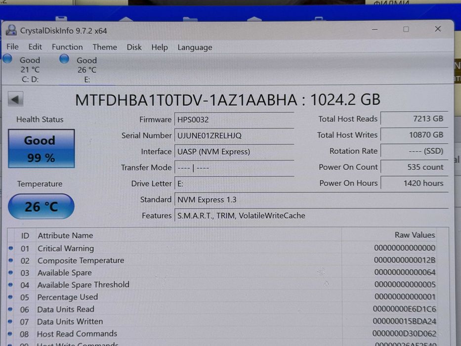 1TB SSD NVMe Gen3x4 99% Здраве/Micron 2300 MTFDHBA1T0TDV