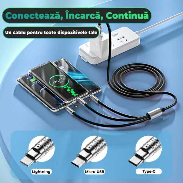 Cablu Date si Incarcare Rapida 3 in 1,120W, microUSB, USB-C, Lightning