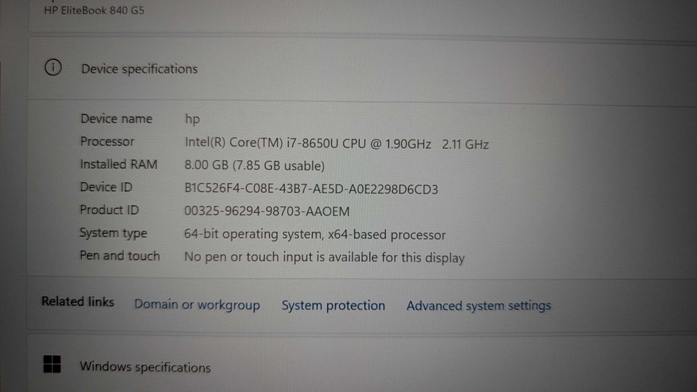 HP EliteBook 840 G5 | Intel i7-8650U | 8GB RAM | SSD 256GB | USB C