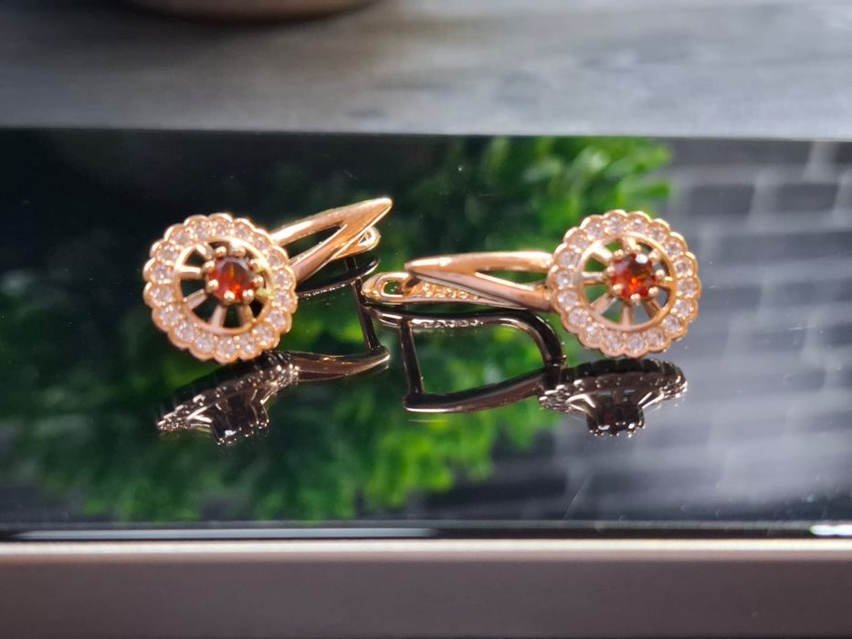 Женские красные серьги с натуральной циркониевой 585RG позолота