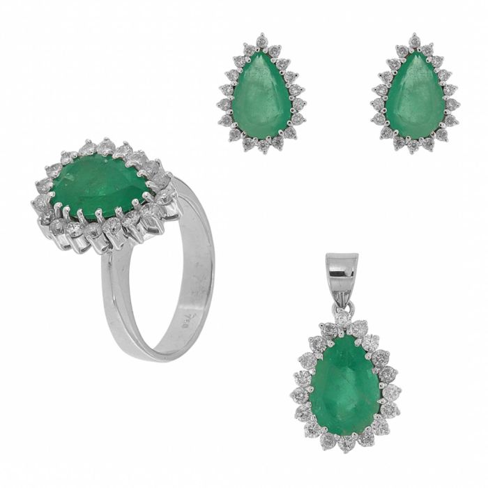 Set din aur alb 14k, cu smaralde naturale si diamante naturale, SAU36