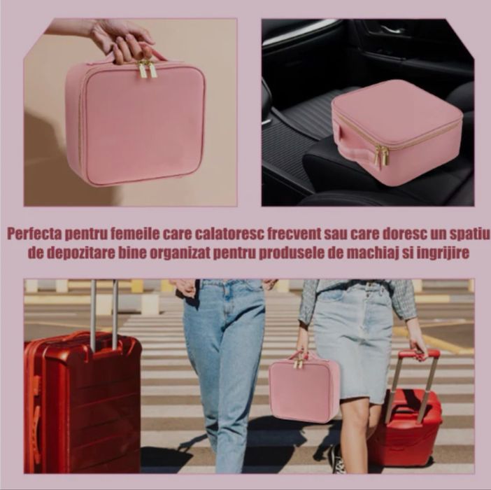 Geanta Machiaj Roz QUANTIM cu Oglinda Led 4K detasabila,Iluminare 3 Trepte, Compartimente Reglabile, Organizator Cosmetice Travel,Buzunar Pensule