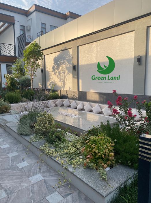 Landshaft dizayn, avtopoliv, gazon urug’i va ruloni, daraxtni dorilash