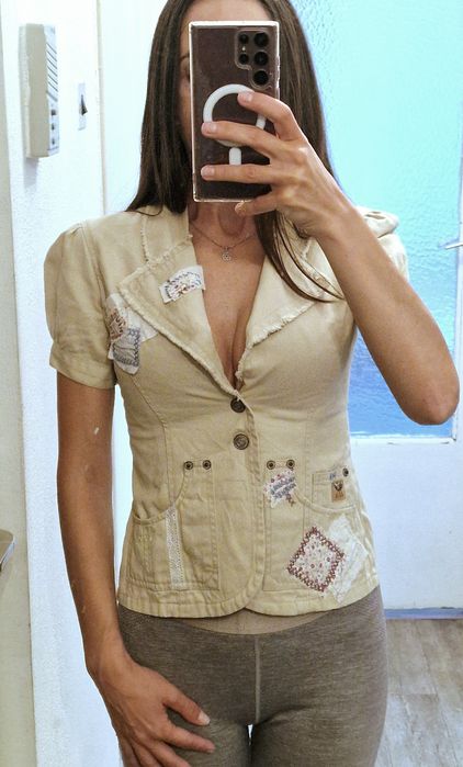 Sacou jacheta bej crem Stuff ramie bumbac broderie manuală petice florale boho vintage XXS XS