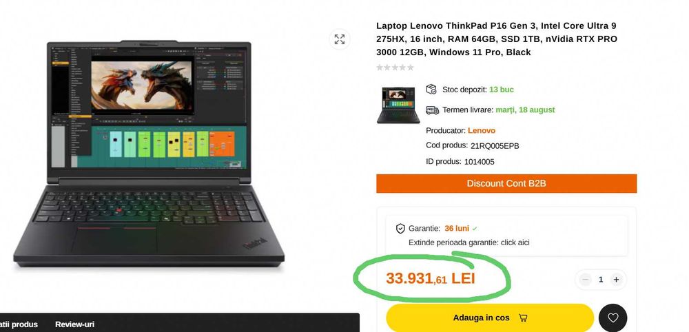 Laptop Lenovo ThinkPad P16 Gen 3 Workstation Intel Ultra 9 275HX 64GB Ram Nvidia RTX Pro 3000 12GB 1TB SSD Firma Garantie Factura-TVA Partner-Lenovo