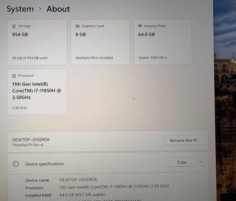 Lenovo ThinkPad P1 Gen 4  Eкран: 16”4K, 600nits, ТЪЧ. GPU: Nvidia RTX 3070 8Gb CPU: i7 11850H Охлаждане: Vapor Chamber cooling! RAM 64/1Tb NVMe SSD 5G