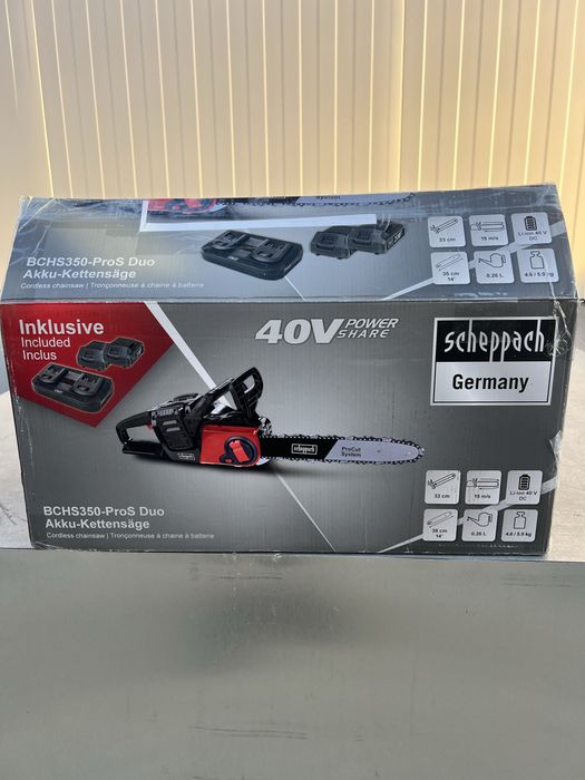 Акумулаторна  резачка за дърва Scheppach BCHS350-ProS  Duo 40V,14’’,33см -комплект батерии и зарядно