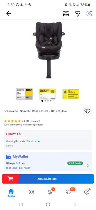 Scaun auto i-Spin 360 Coal, nastere - 105 cm, Joie
