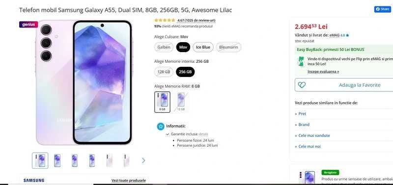 Telefon mobil Samsung Galaxy A55, Dual SIM, 8GB,256GB,5G,Awesome Lilac