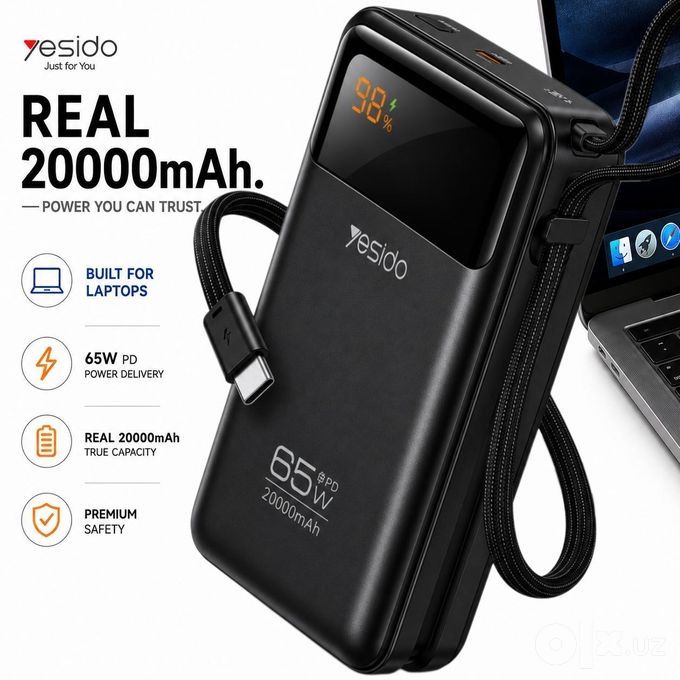 Power Bank Yesido 20.000mAh 65W PD Для ноутбуков и смартфонов