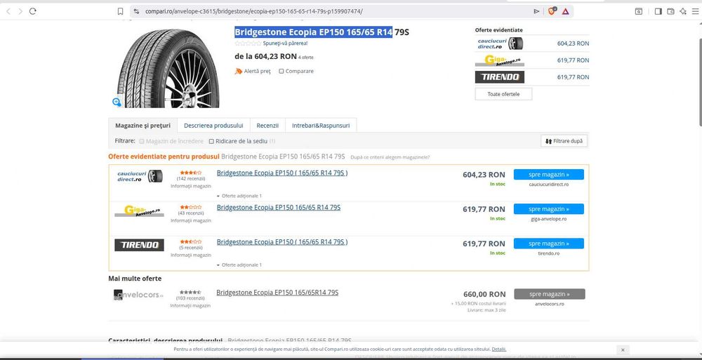 165/65 R14 BRIDGESTONE Ecopia EP150 anvelope 2 buc. Cauciucuri ca noi