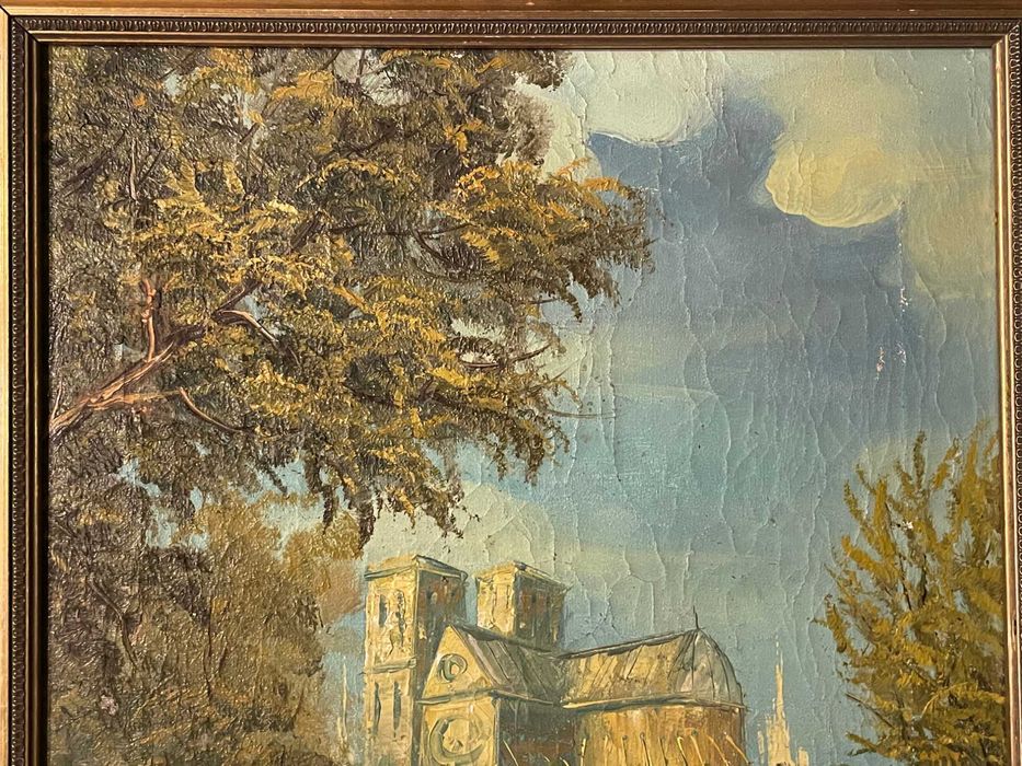 Tablou vechi ulei pe panza - Vedere Notre Dame Paris - rama aurie