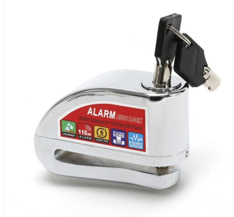 Antifurt moto blocare disc frana cu alarma, cromat+senzor miscare NOU!