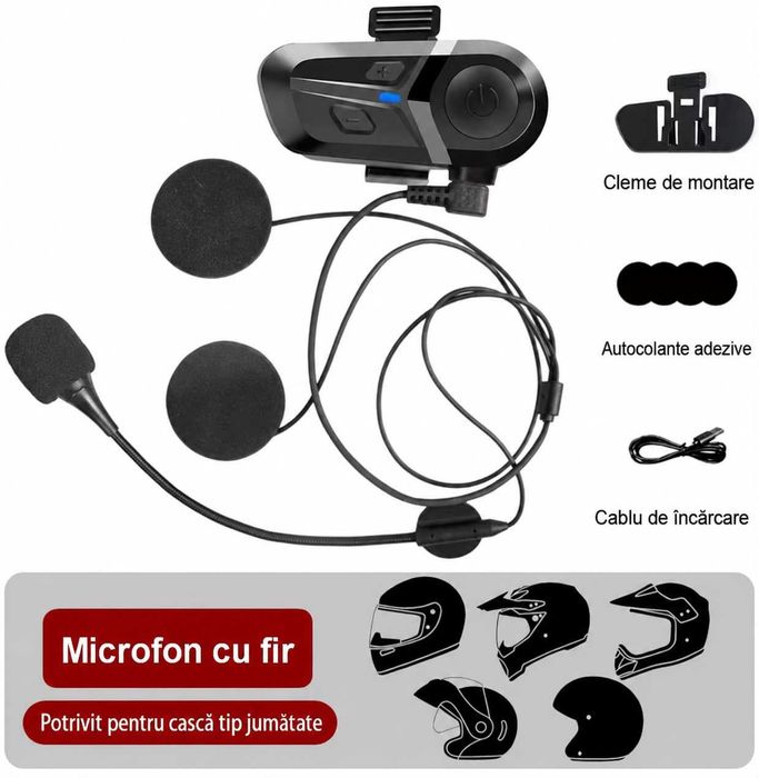 Intercom cască moto Bluetooth 5.3 Wireless apeluri Hands-free rezistent la apă Waterproof muzică autonomie mare