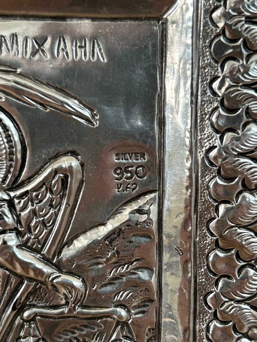 Icoană grecească Arhanghelul Mihail, argint 950 și pictură manuală – Meteora - Stare Foarte Bună