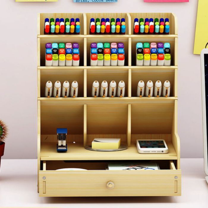 Дървен органайзер за бюро с чекмедже и многосекционно съхранение