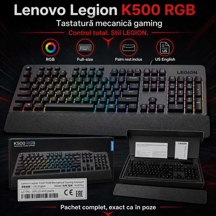Tastatură Lenovo Legion K500 RGB - Mecanică, nouă, completă, gata de gaming