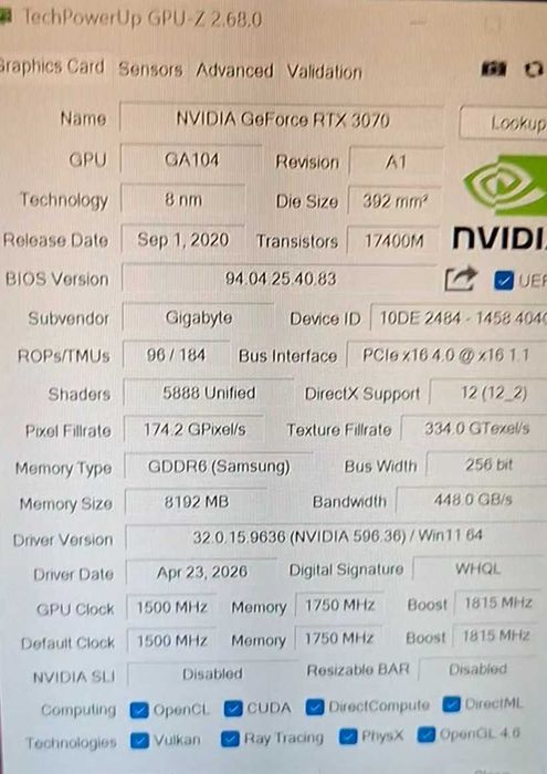 Продавам видео карта Rtx 3070 Gaming OC 8GB
