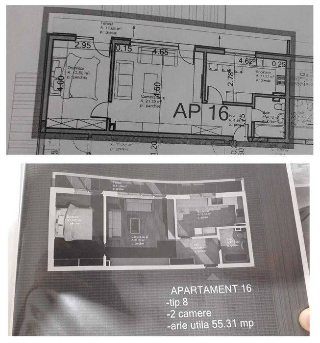 Apartament 2 camere 55 mp Baciu - pod + terasa + parcare sub bloc