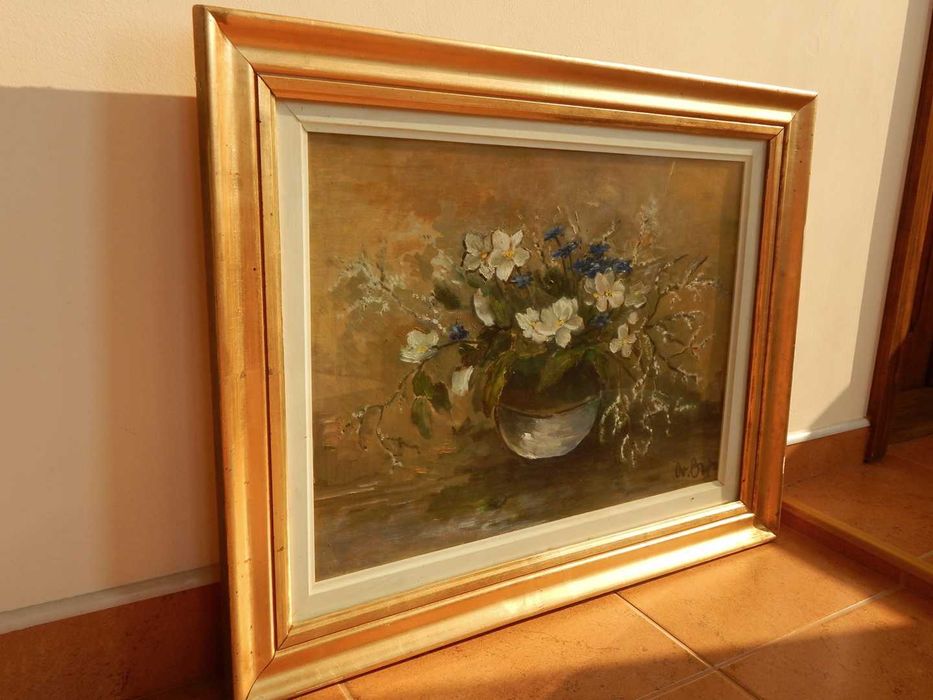 Tablou pictura vaza cu flori natura statica cu geam protectie 69x56 cm