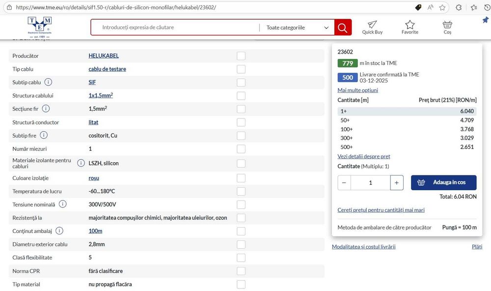 Cablu siliconic 1.5 mm2, rosu.