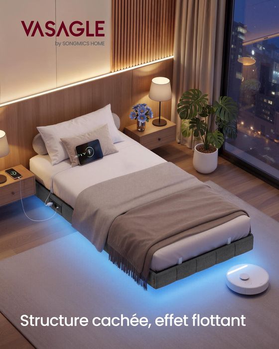!ЛИКВИДАЦИЯ! Легло 90 x 200 см с LED осветление, плаващ ефект, тапицирани страници, 2 AC контакта, 2 USB-A и 1 US