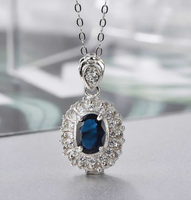 Set: Inel argint 925 placat cu platina, Safir + Colier argint 925 placat cu platina, Pandantiv Safir