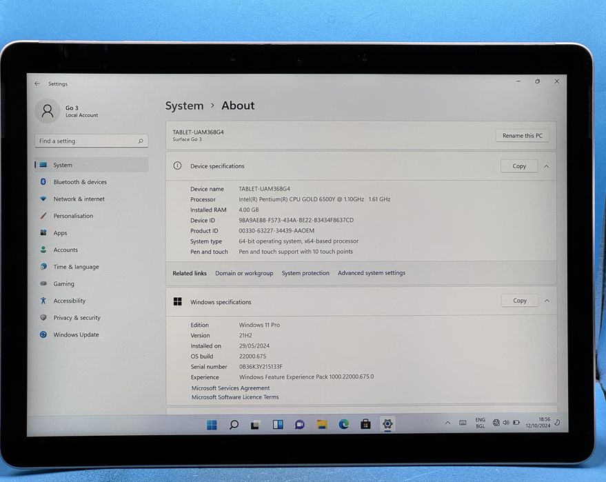 Лаптоп Microsoft Surface GO 3, Intel Pentium Gold 6500Y, 10.5”, FHD+