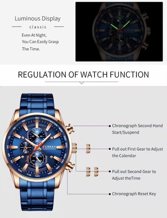 Мъжки ,син спортно/елегантен кварцов часовник-хронограф Curren•Stills”