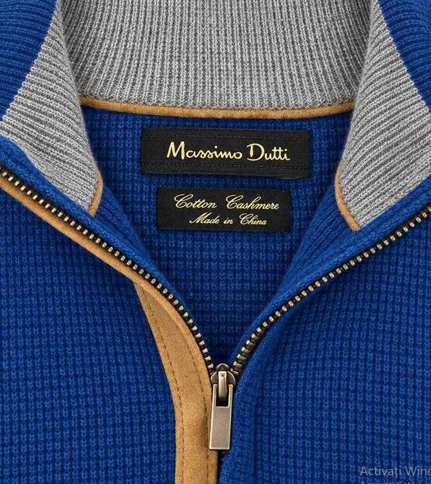 Pulover Massimo Dutti bărbați albastru royal, Cotton Cashmere, half zip cu guler înalt, detalii contrastante, mărimea M