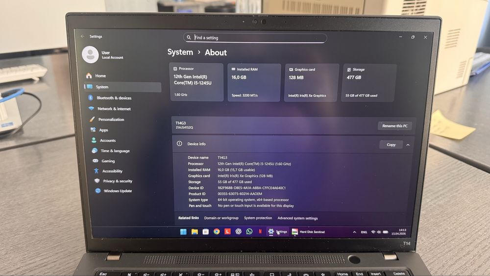 Thinkpad T14 Gen 3, core I5-1245U, 16 GB RAM, 512 GB NVME Samsung