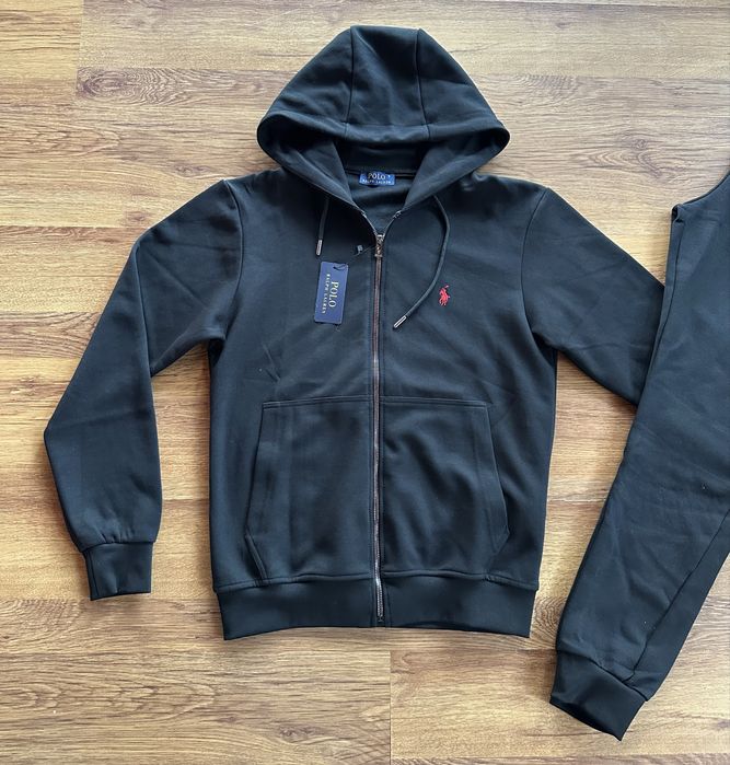 Мъжки,памучен,черен екип Ralph Polo с качулка и бродирано лого