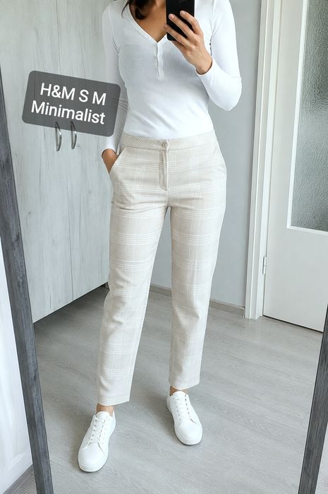 Pantaloni H&M alb bej în carouri S/M eleganți office casual crem vara