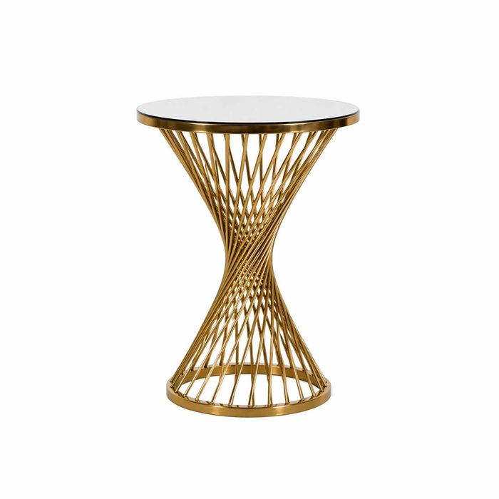 Masă cocktail bar premium spiral auriu, blat sticlă, șampanie și evenimente luxury