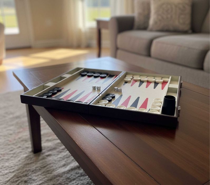 Joc table Backgammon in servieta din piele sintetica cu zaruri piese