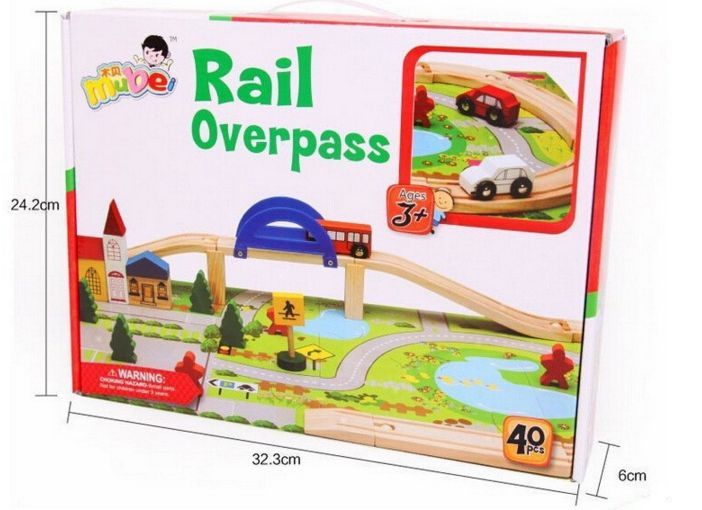 Дървен Конструктор с релси и парк,надлез, дървени коли в 40 части