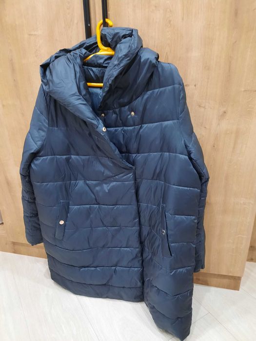 Пуховик синий женский р46-50 размер с капюшоном