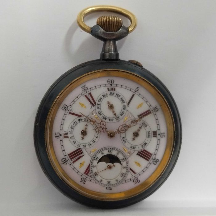 Джобен часовник / Regulator-вечен календар, Oversize, лунна фаза, Swiss, 1890г. стомана